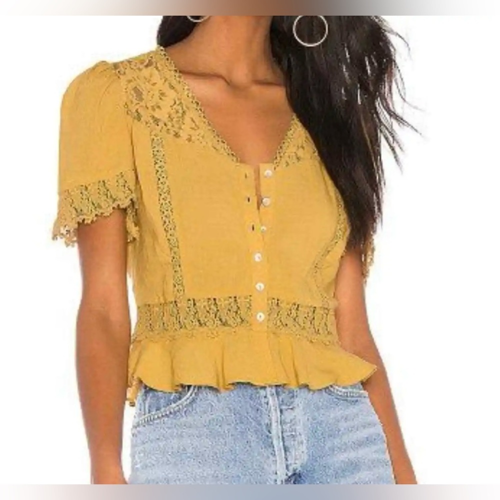 REVOLVE Mustard Yellow Lace-Trim Peplum Blouse